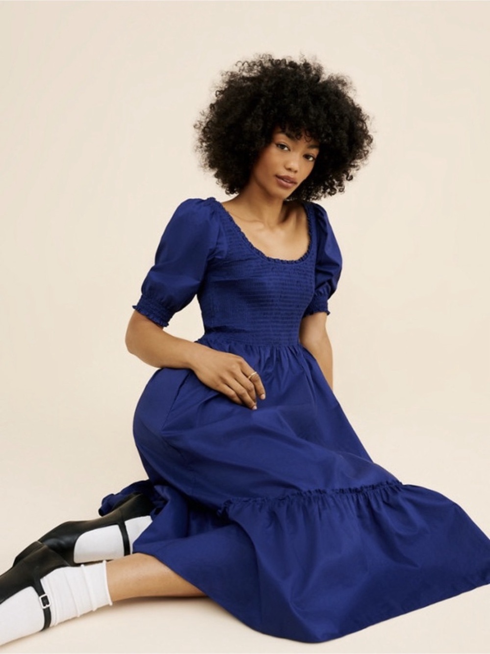 HILL HOUSE • Louisa nap dress in navy blue - Small smocked midi